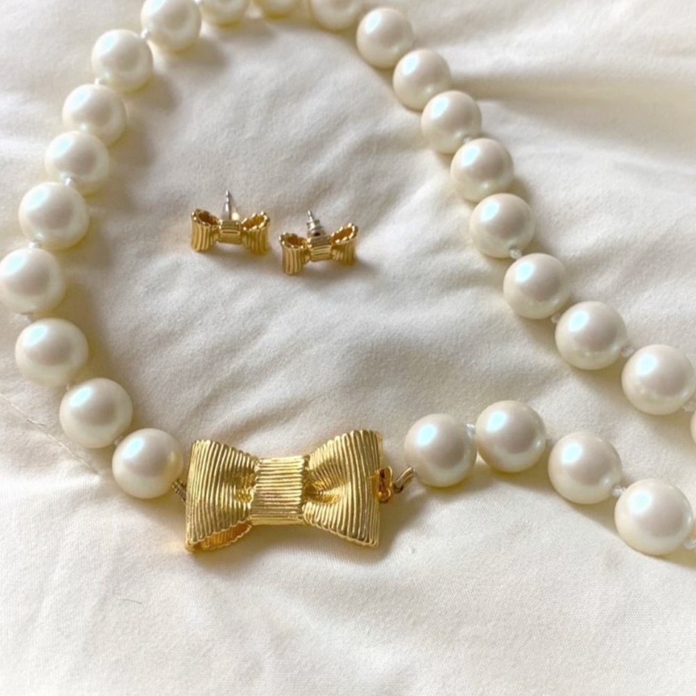 Kate Spade SET - Gold Color Bow Pearl Necklace and Matching Earrings